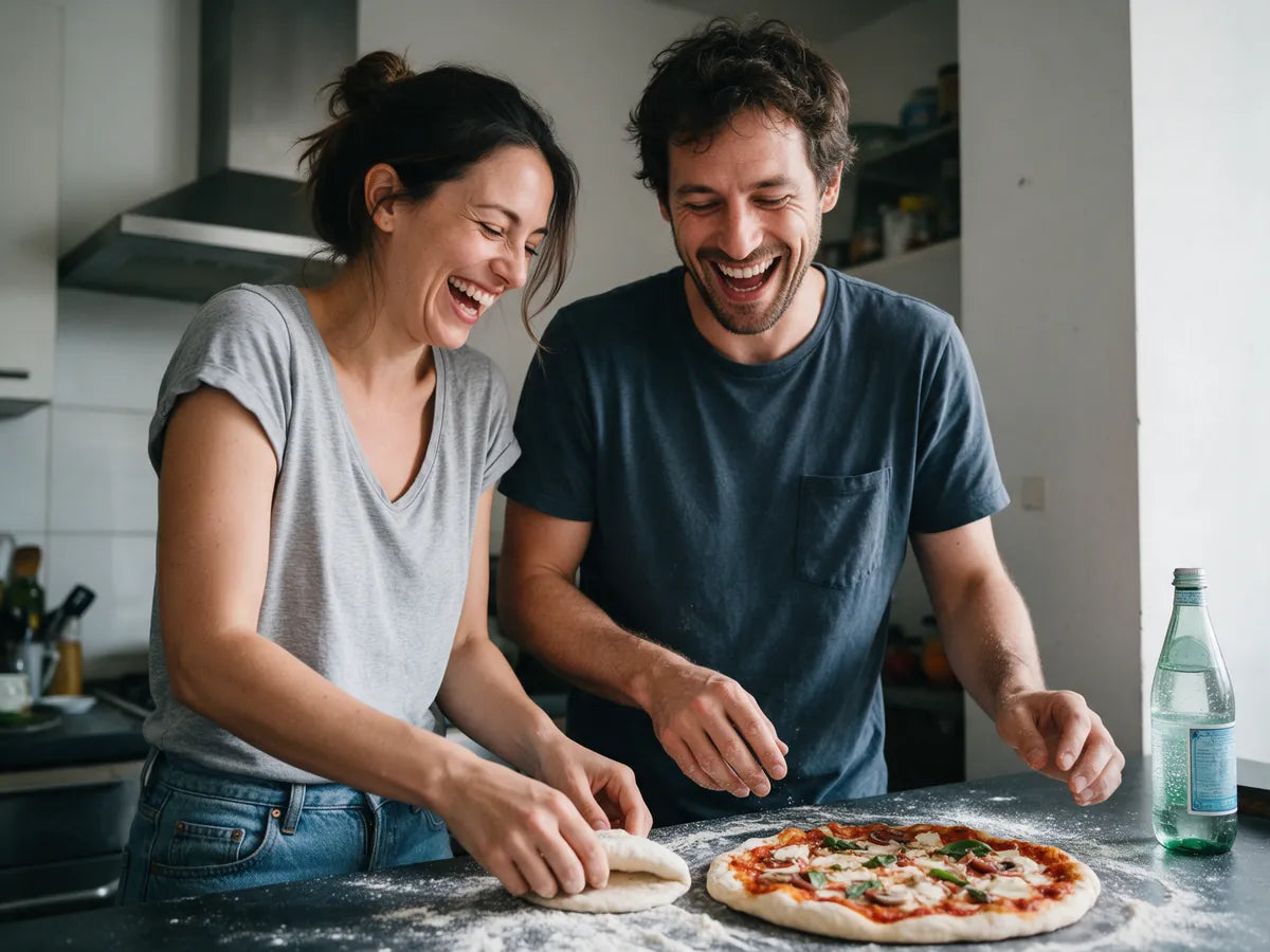 A couple laughing while making a homemade pizza