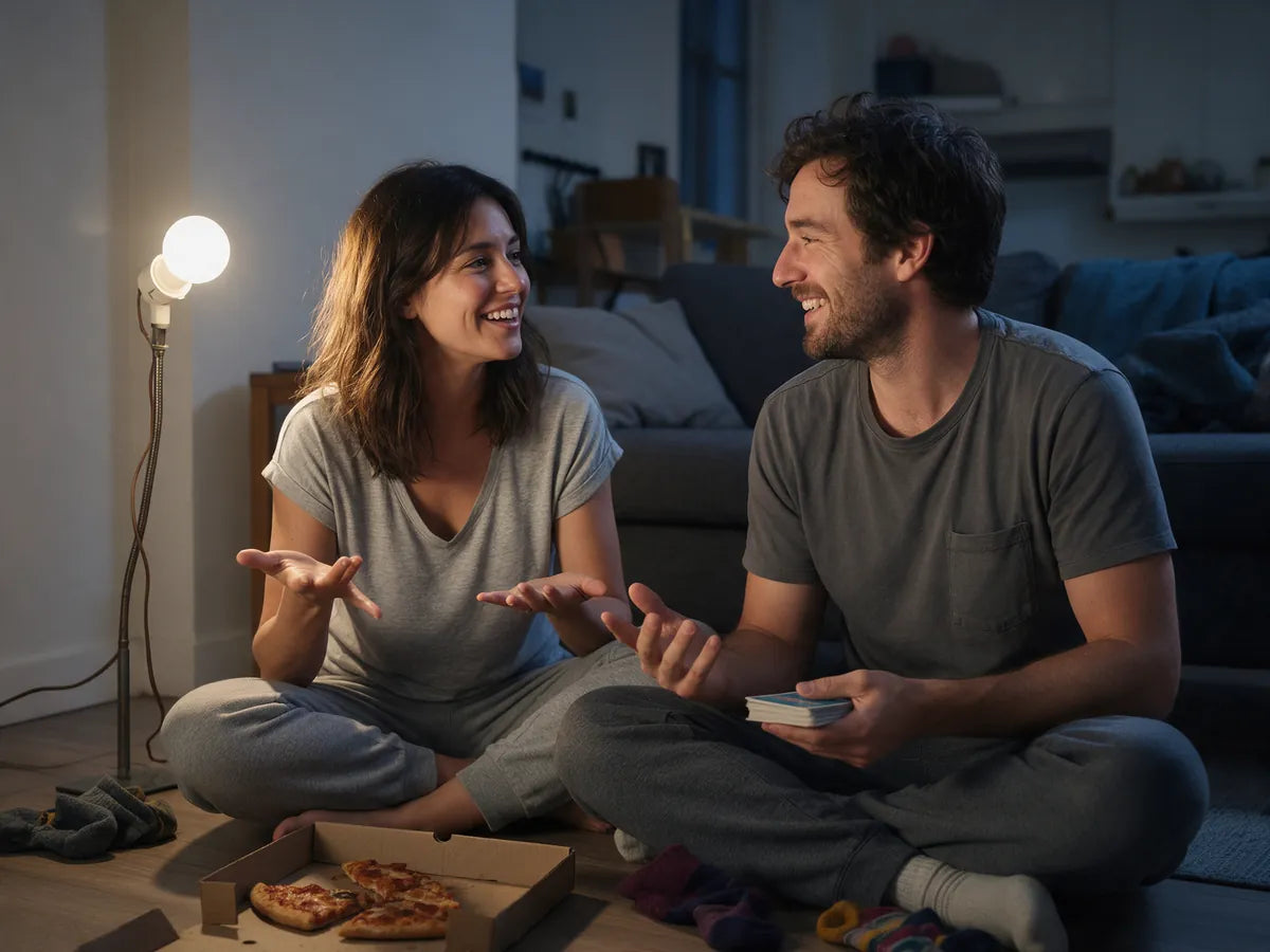 A couple sitting on the floor with question cards and pizza, talking