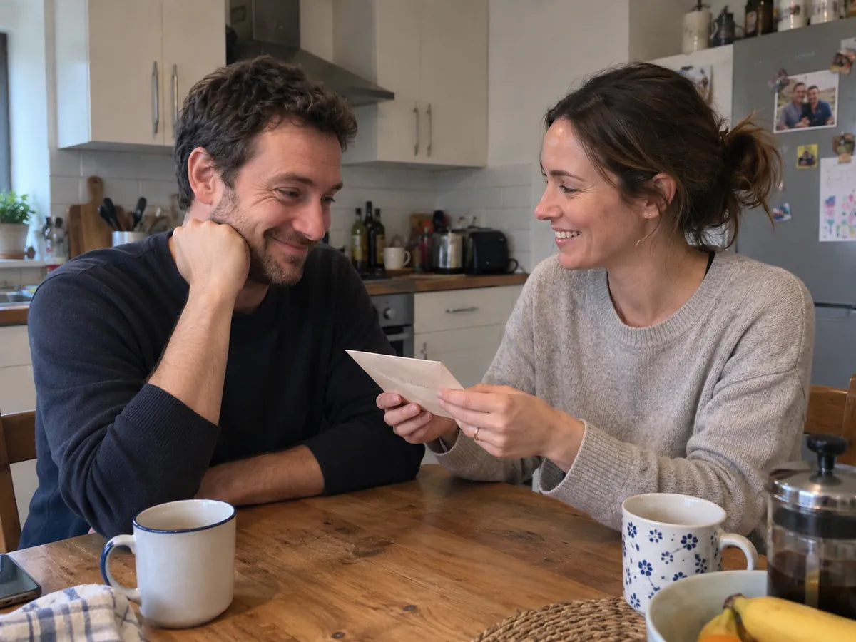 A woman showing a man a card at the kitchen table, both smiling