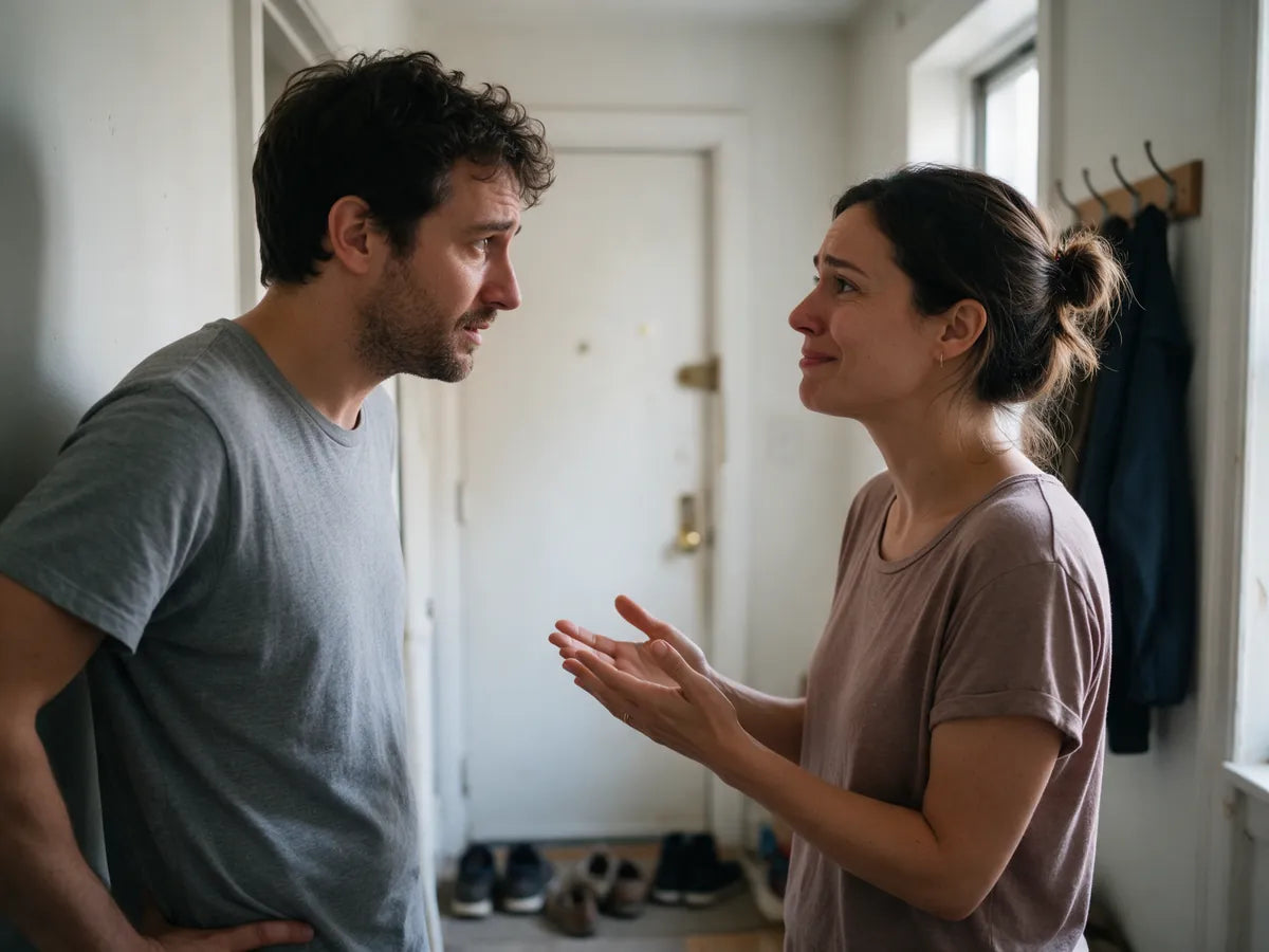 A man and a woman talking face to face in a hallway