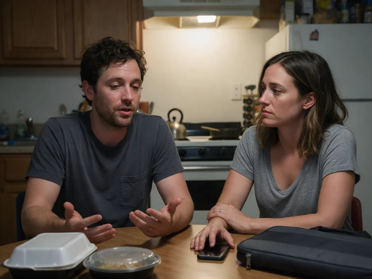 A couple talking at a kitchen table, the man explaining and the woman listening