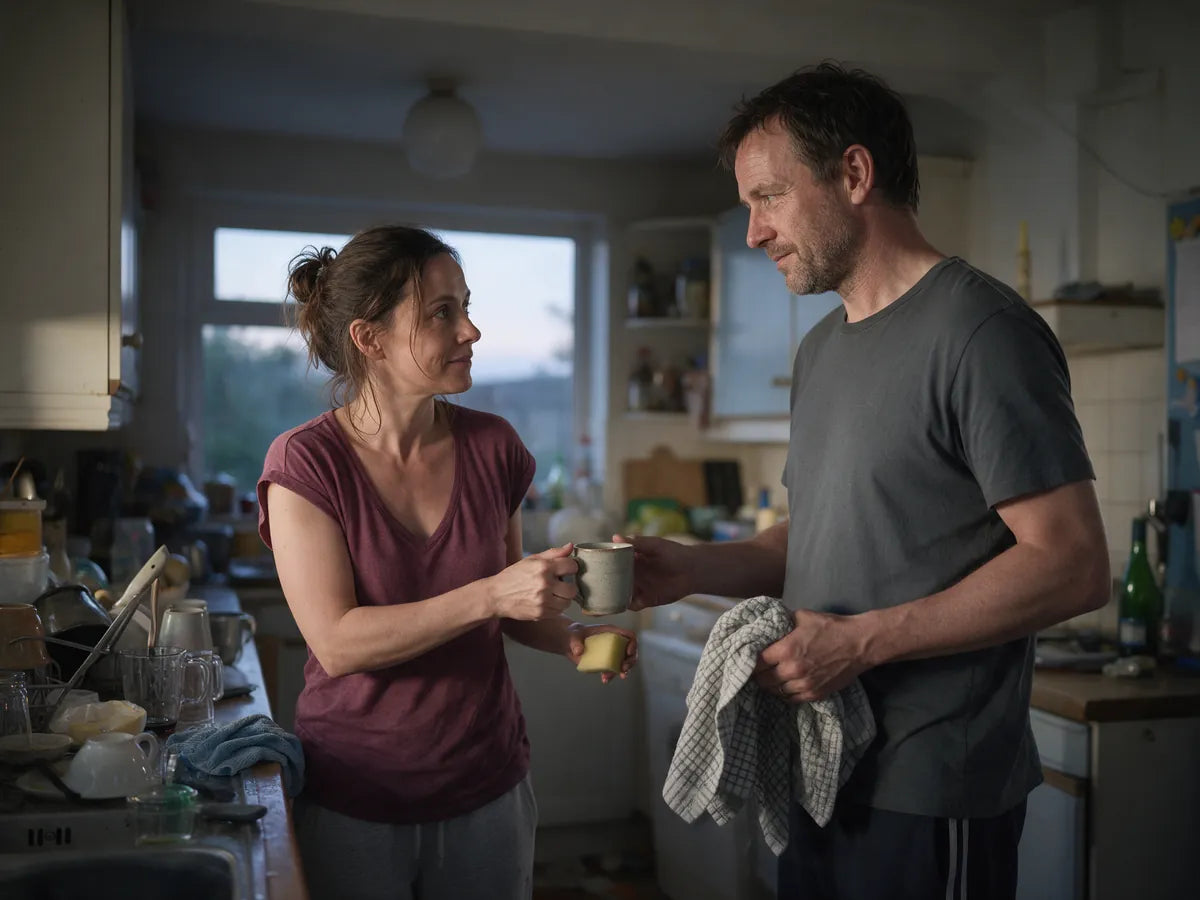 A woman handing a man a mug of tea in the kitchen
