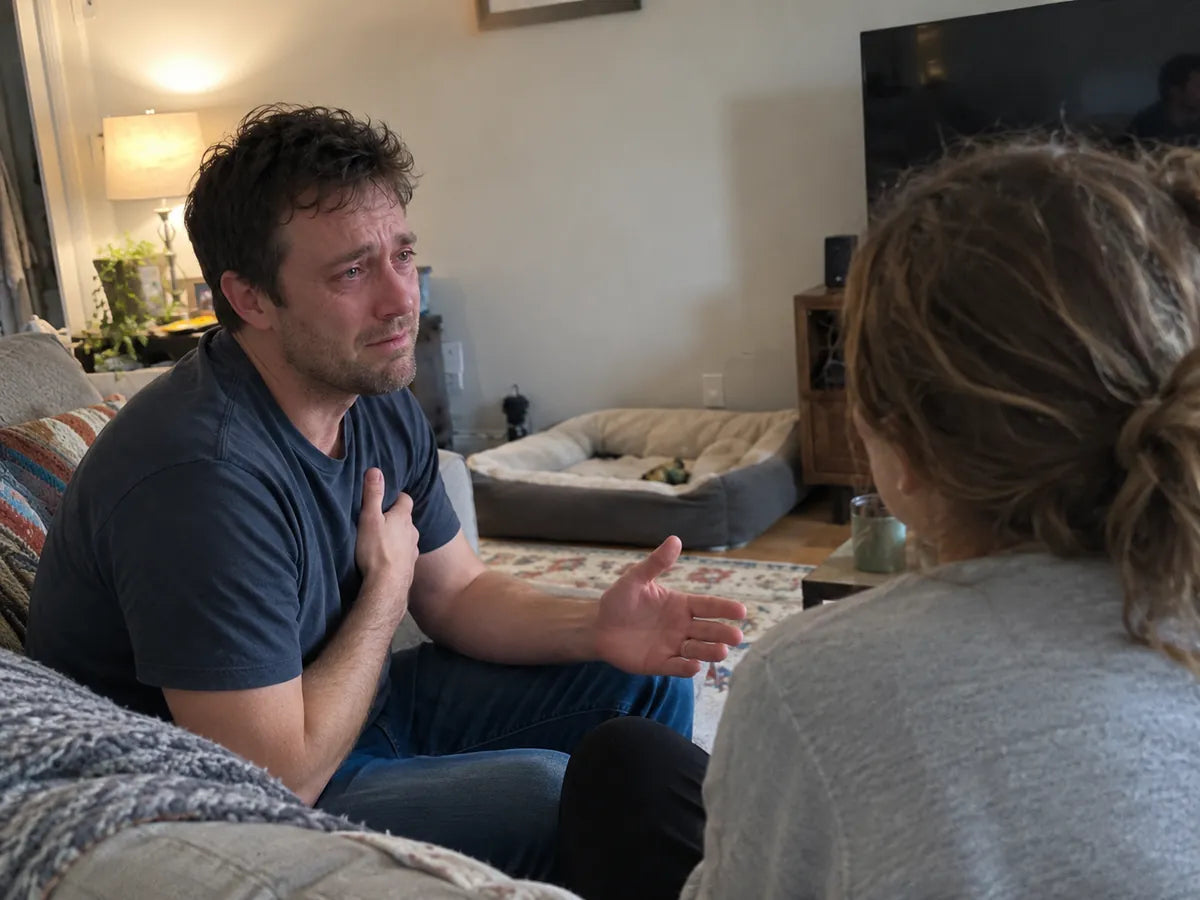 A man with a hand on his chest, talking to a woman on the sofa
