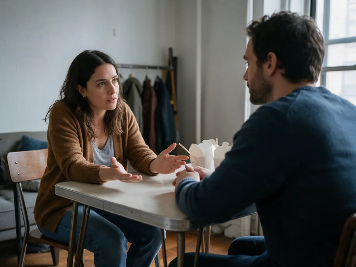 A couple talking across a small table by the window