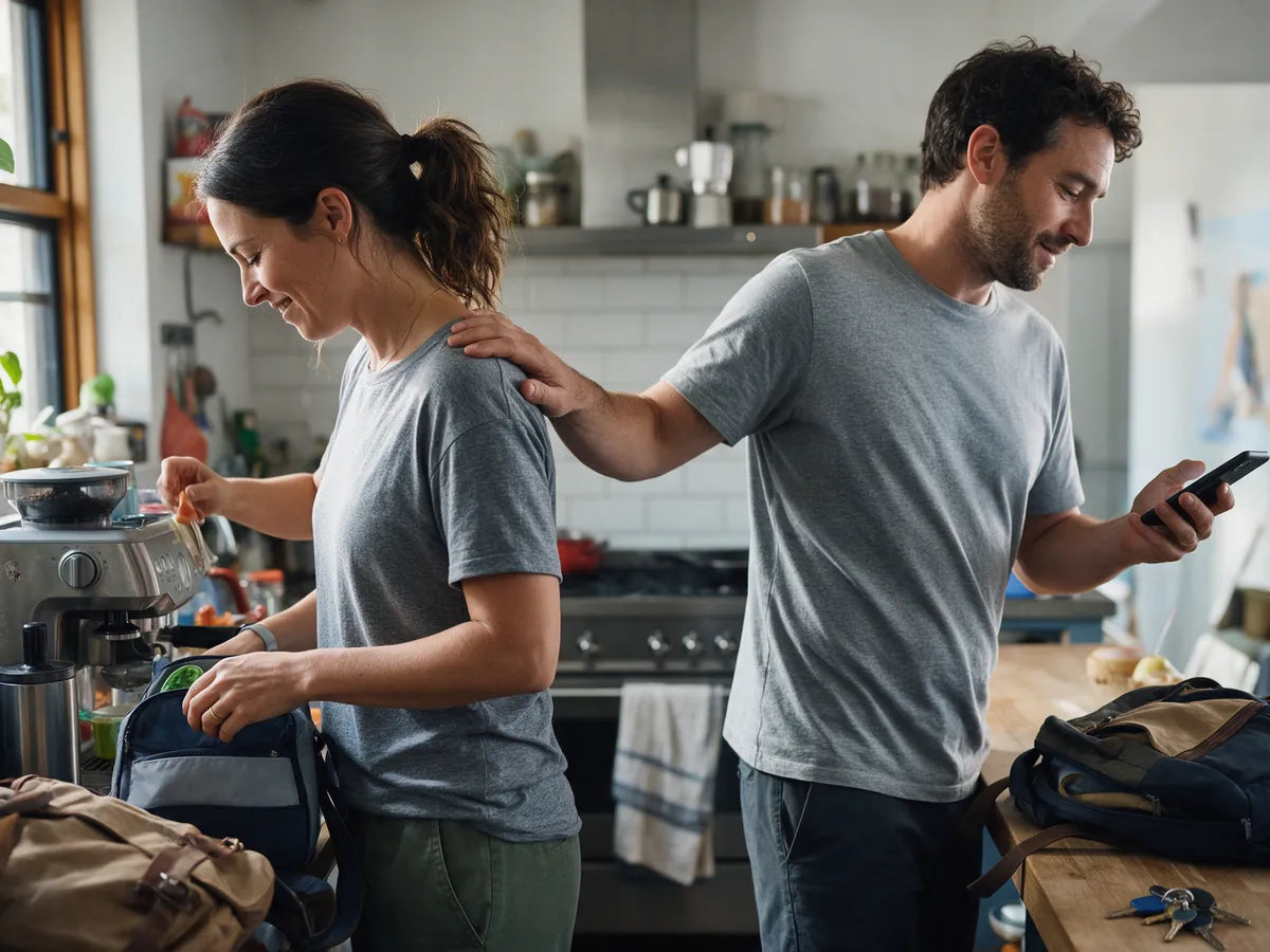 A man touching a woman's shoulder as they pass in a busy kitchen