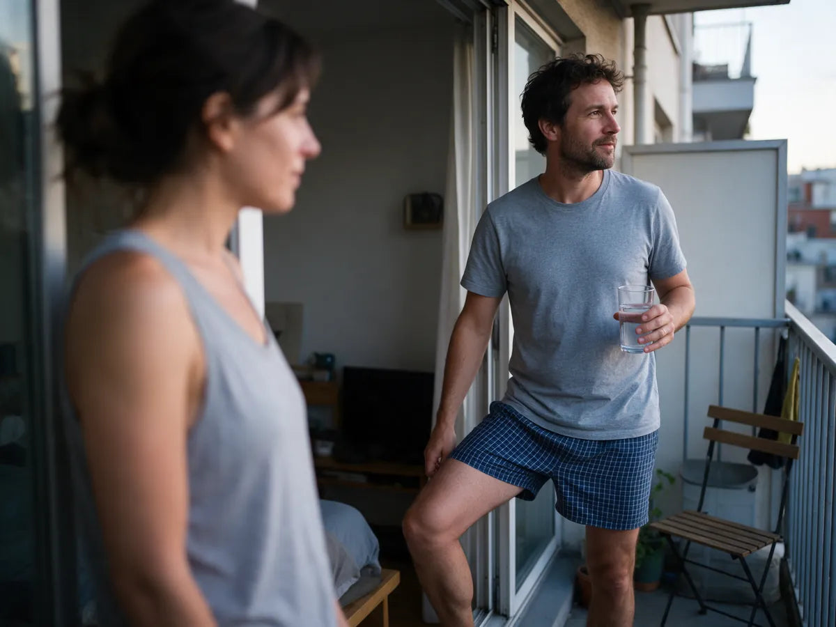 A man stepping out onto a balcony while a woman stays inside