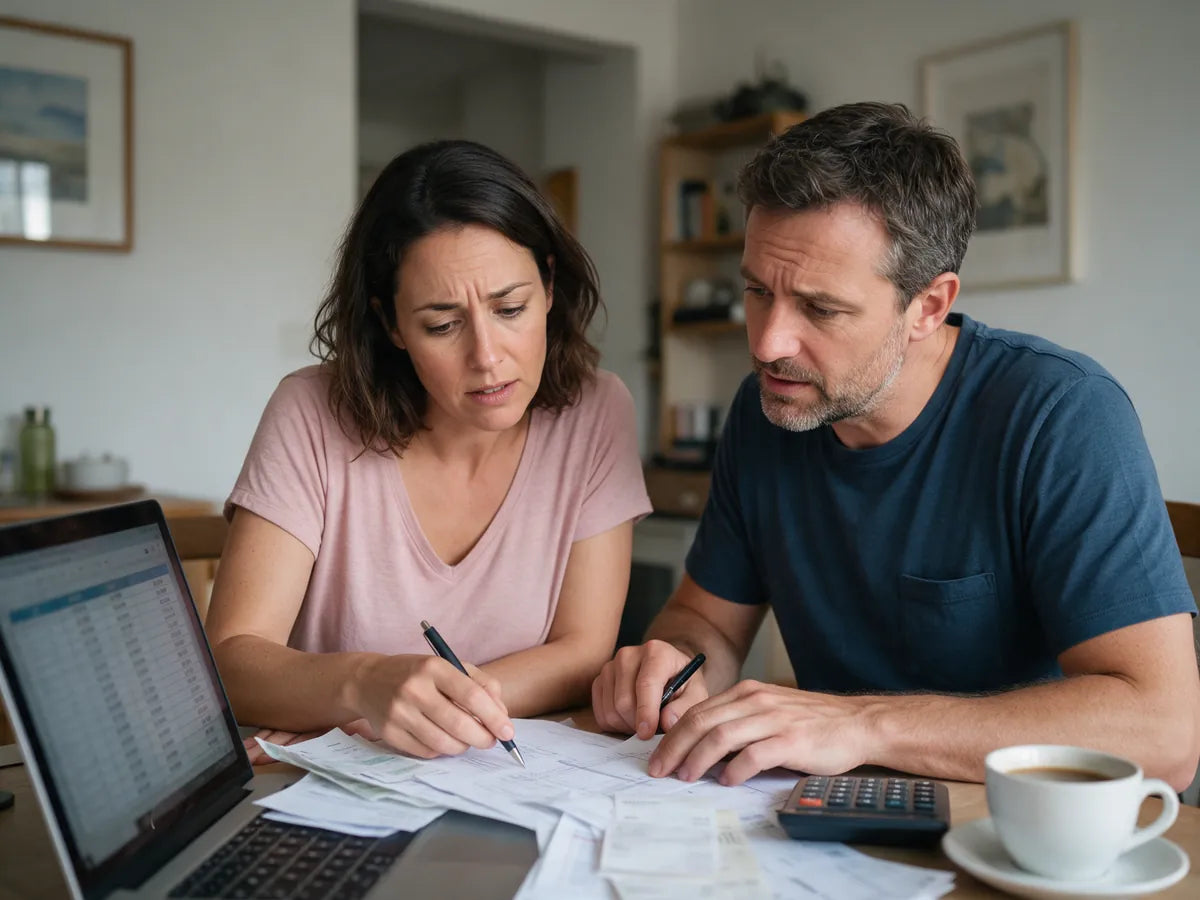 A couple going through bills and a laptop at a table together