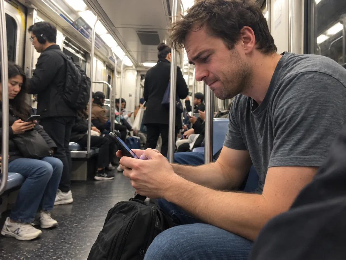 A man on a commuter train looking at his phone