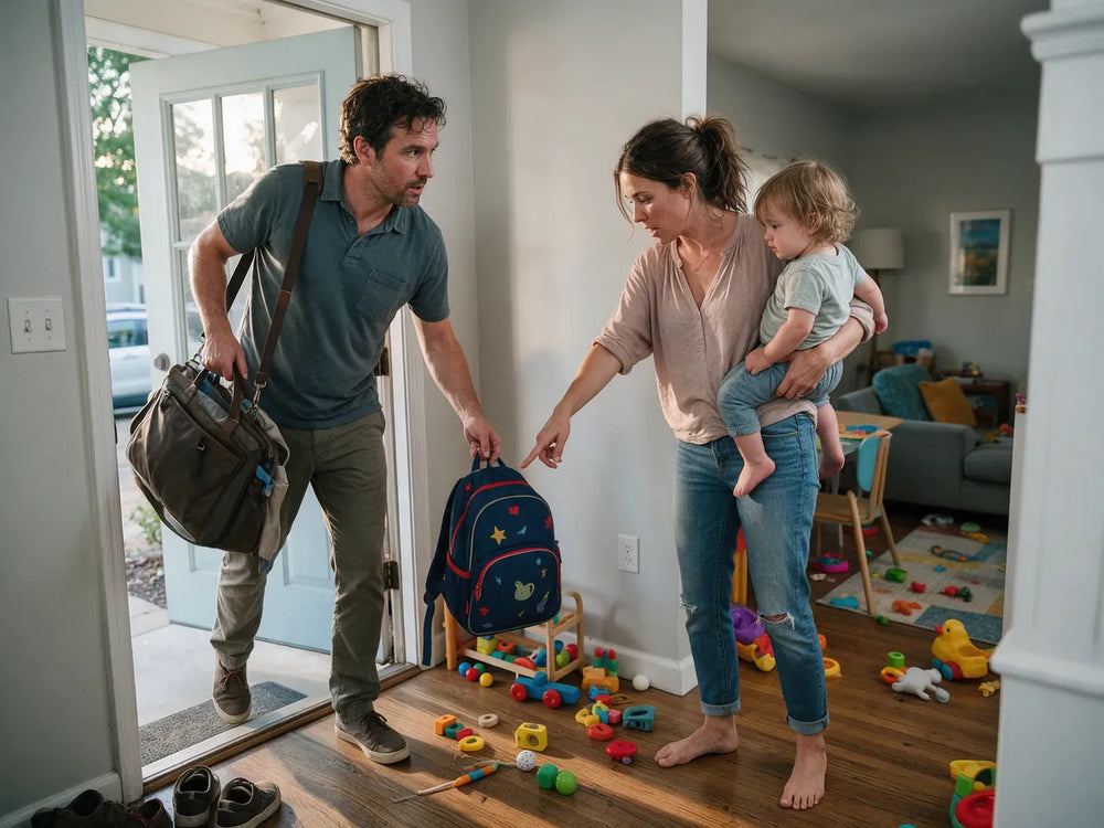 A man arriving home with bags while a woman holding a toddler hands over a backpack in a toy-strewn hallway