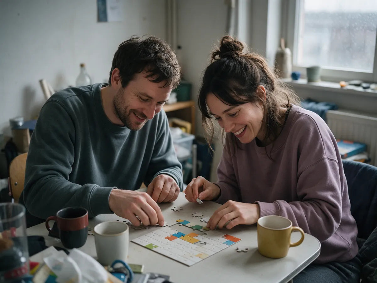 A couple doing a jigsaw puzzle at a table on a rainy day