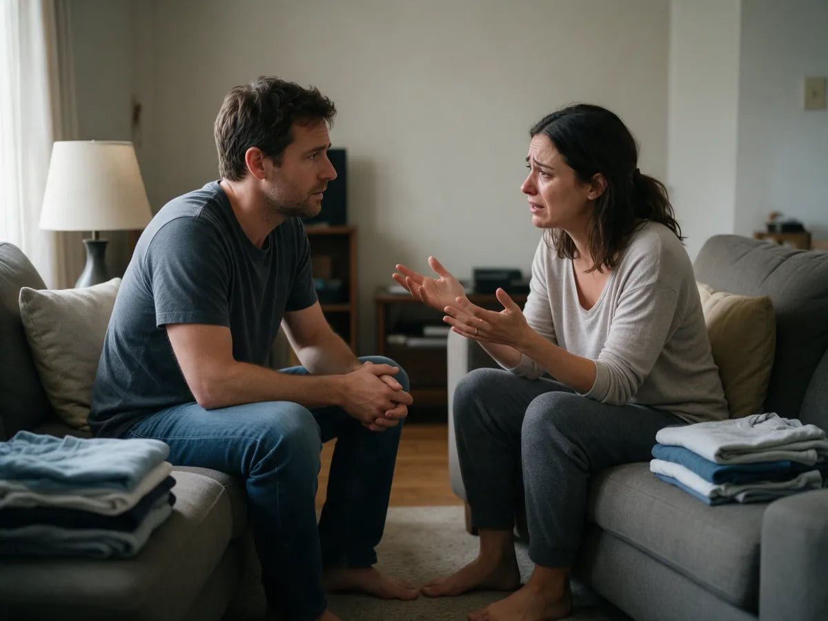 A couple talking on a living room sofa, the woman explaining while the man listens