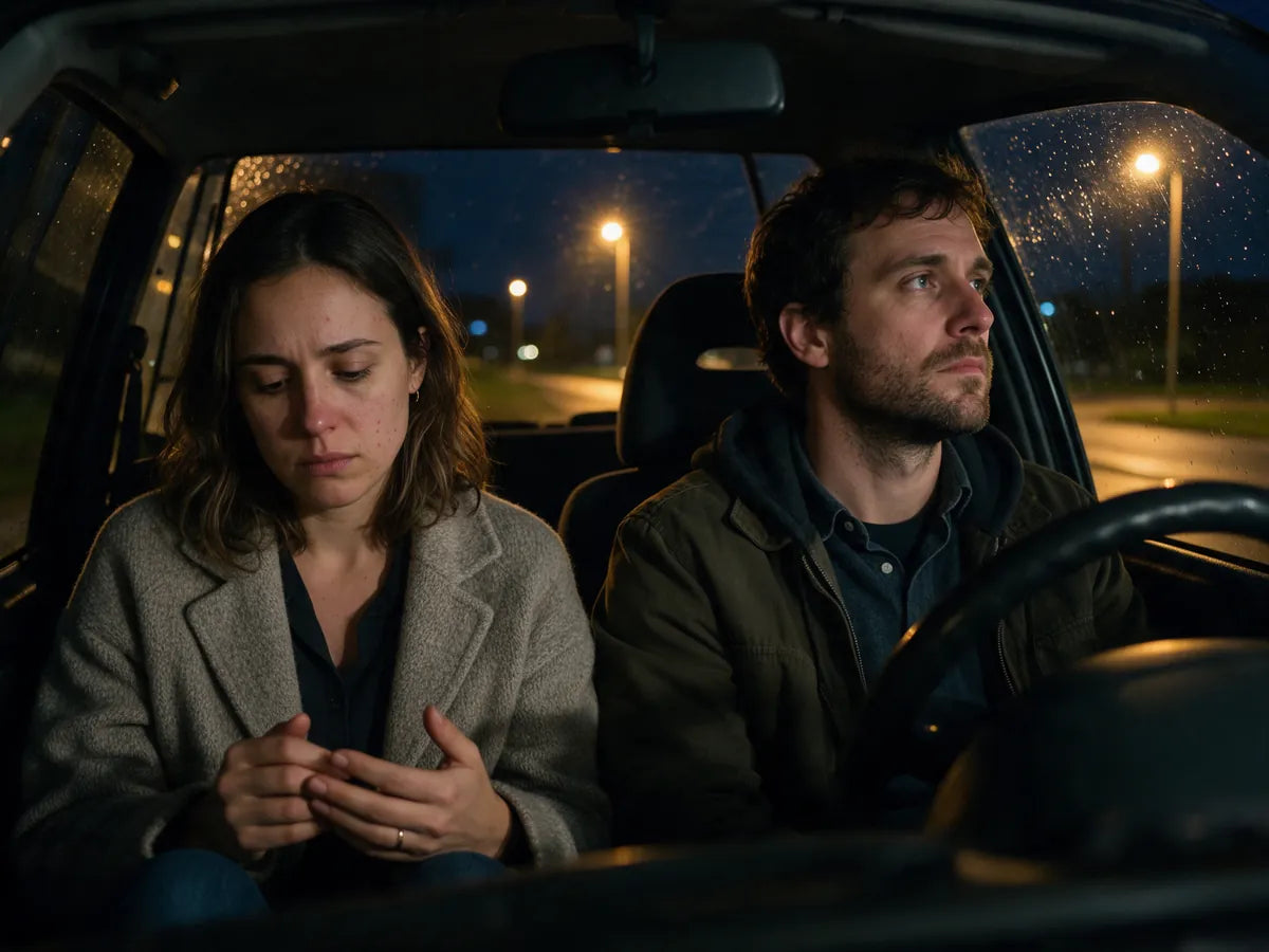 A couple sitting quietly in a parked car at night, both looking away
