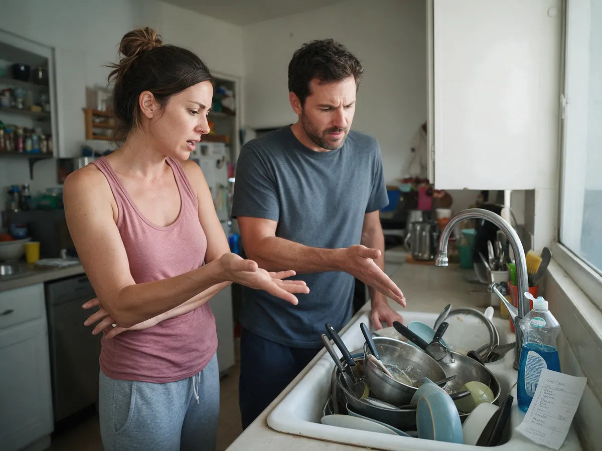 A couple disagreeing next to a sink full of dishes
