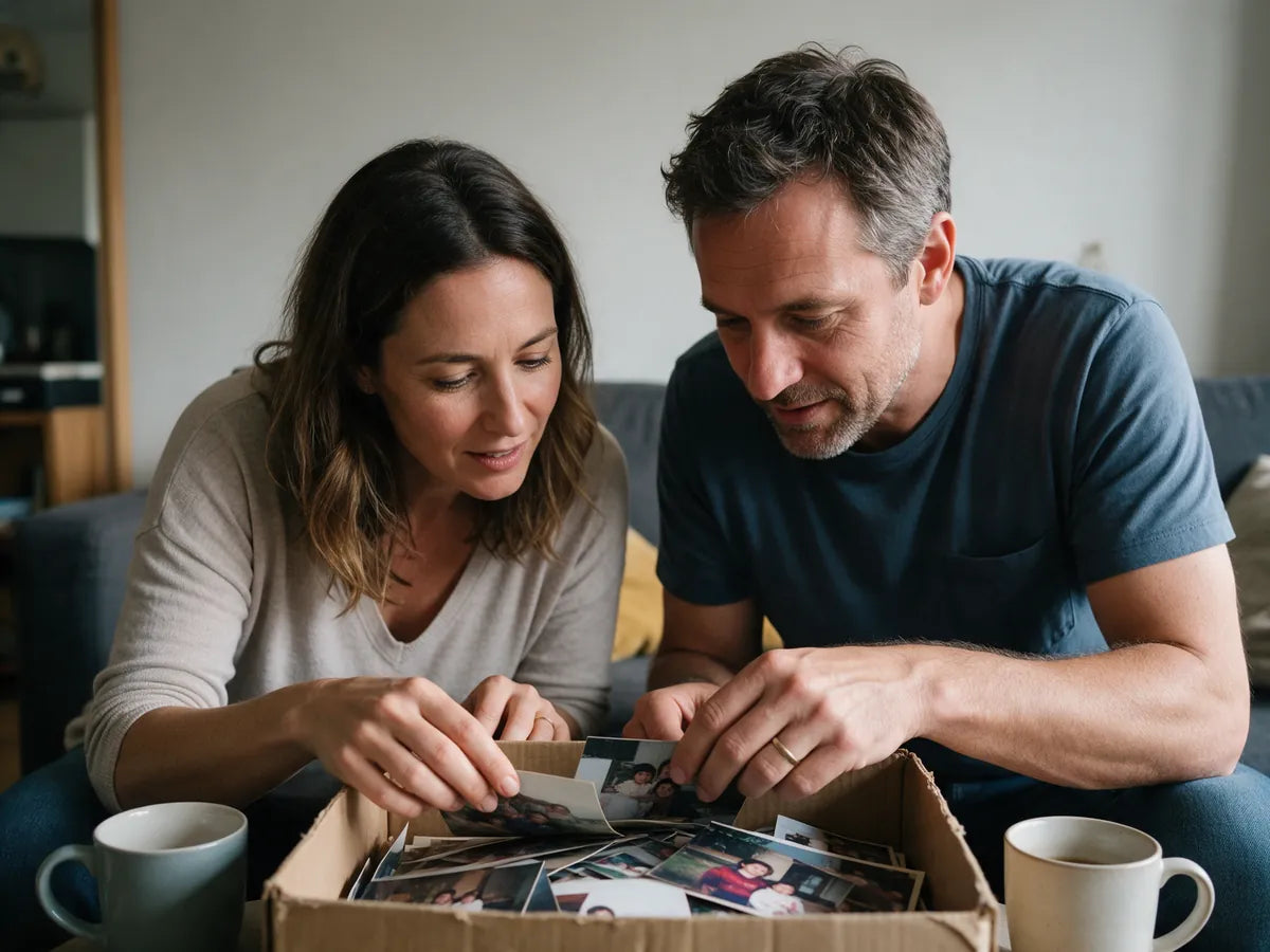 A couple looking through a box of old photos together