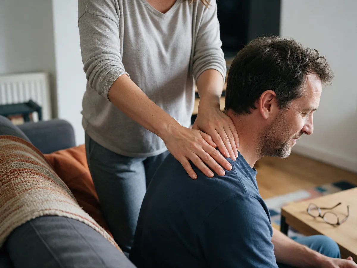 A woman massaging a man's shoulders at home