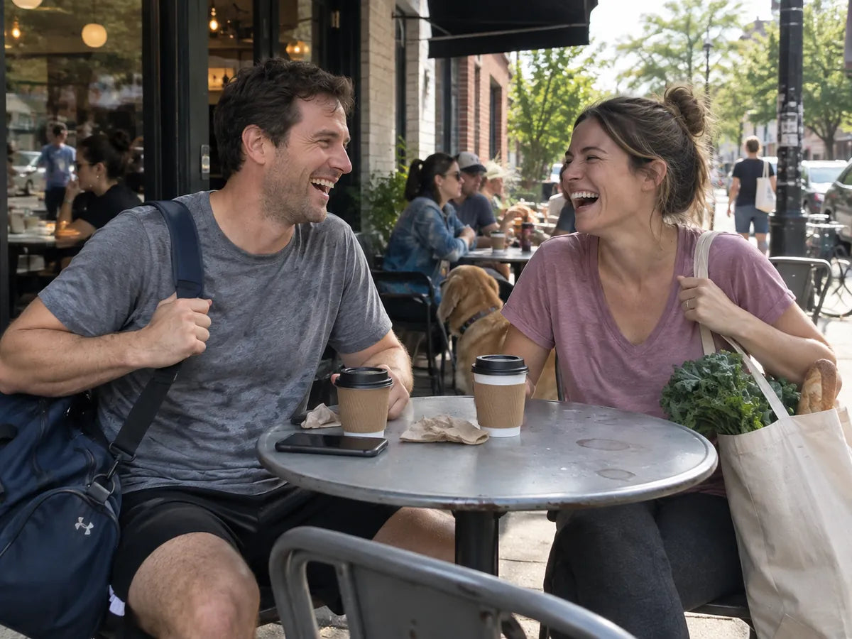 A couple laughing over coffee at a sidewalk cafe table