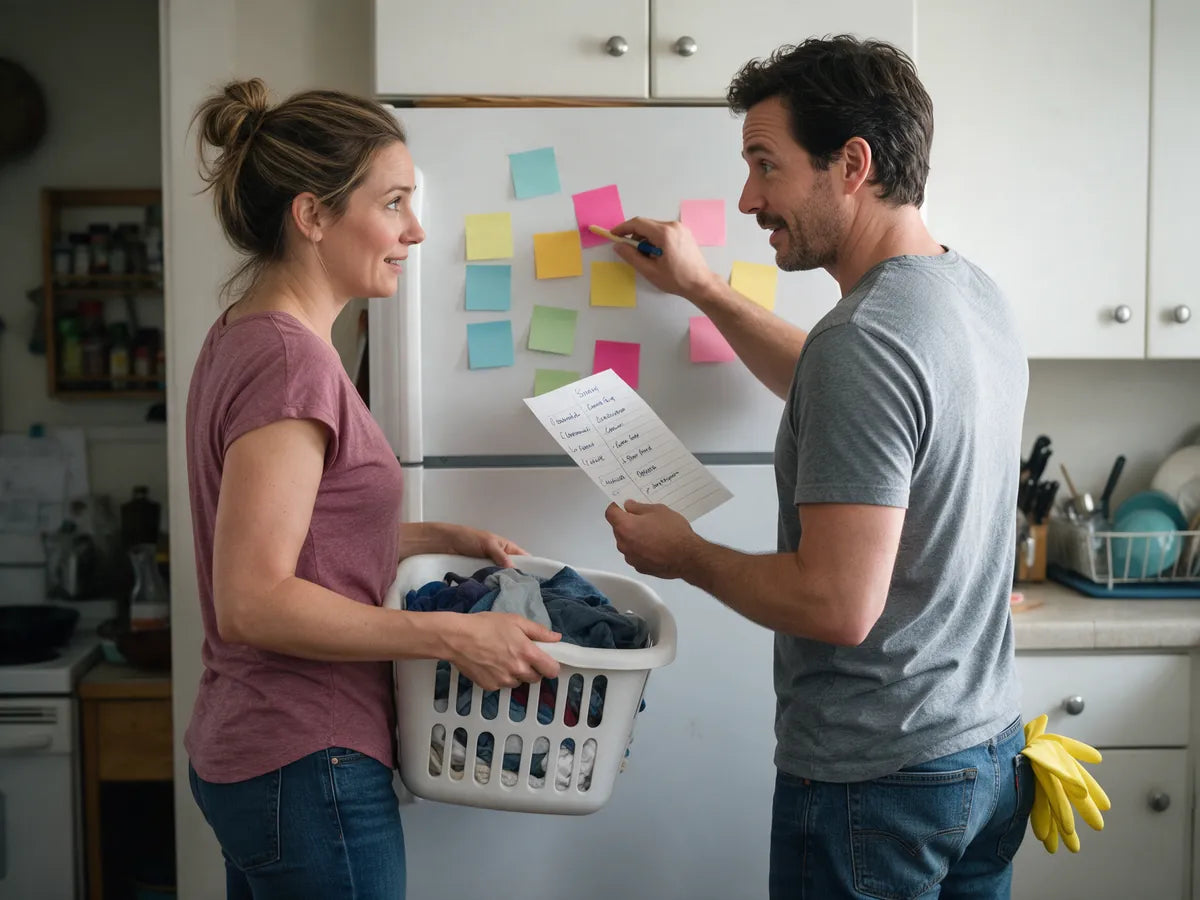A couple planning chores with sticky notes on the fridge, one holding a laundry basket