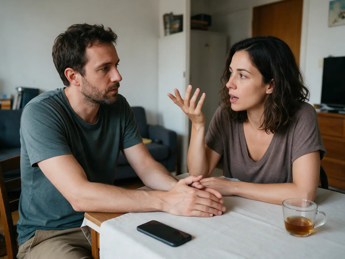 A couple in a serious conversation at a table at home