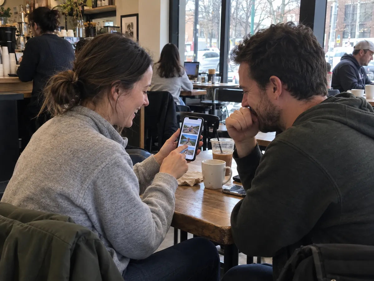 A couple at a cafe table looking at options on a phone together