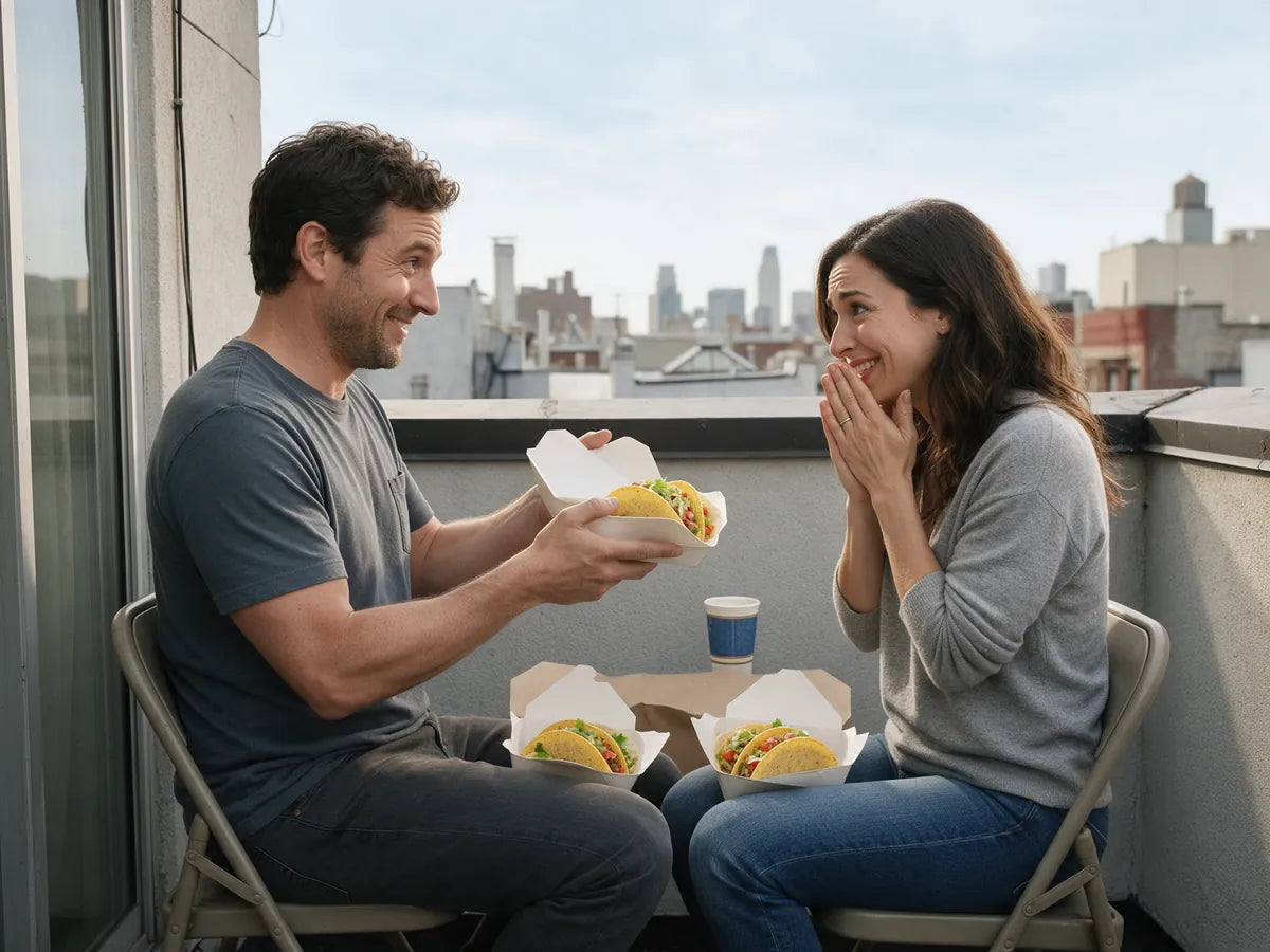 A couple sharing takeout on a rooftop, the woman laughing in surprise