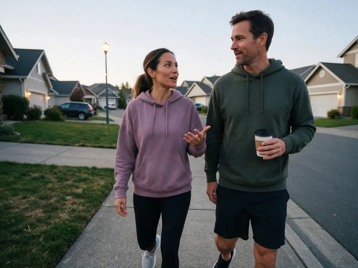 A couple walking and talking down a quiet suburban street