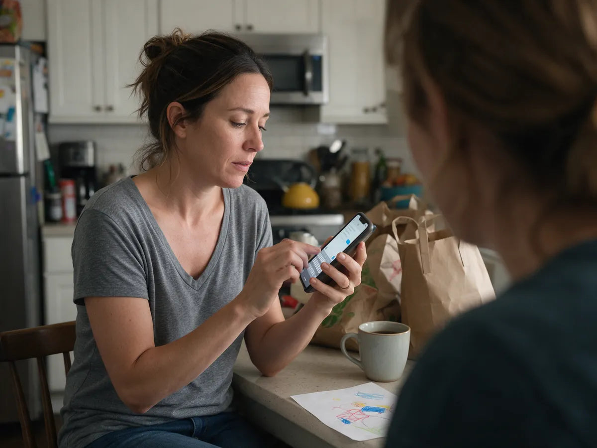 A woman typing a message on her phone at the kitchen table