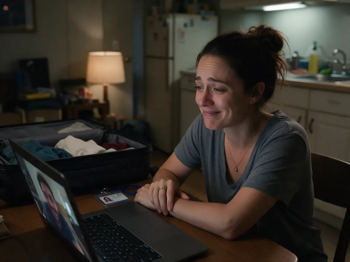 A woman smiling at a video call on her laptop in the evening