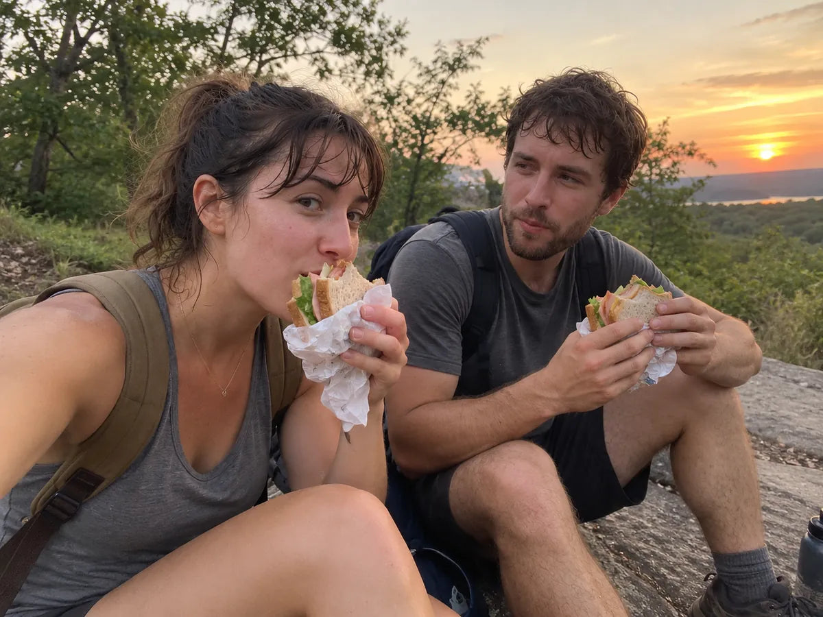 A couple eating sandwiches on a rocky hilltop at sunset